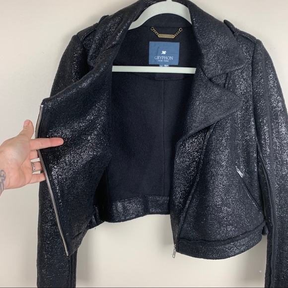 Gryphon New York Black Sparkle Wool Moto Jacket Womens M Biker Mod Punk - Picture 5 of 10